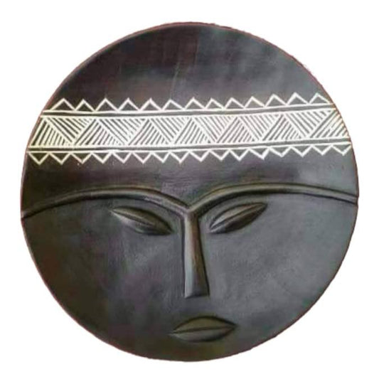 Décoration murale - objet d'art visage plateau en bois de Teck noir diamètre 40 cm